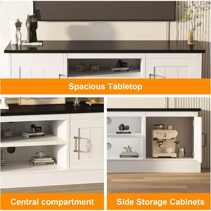Consolle multimediale con finitura effetto legno e dettagli in metallo
