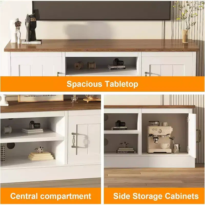 Consolle multimediale con finitura effetto legno e dettagli in metallo