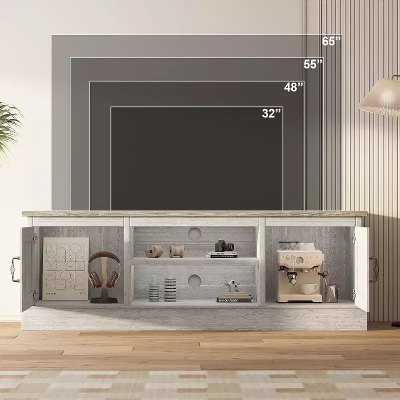 Consolle multimediale con finitura effetto legno e dettagli in metallo