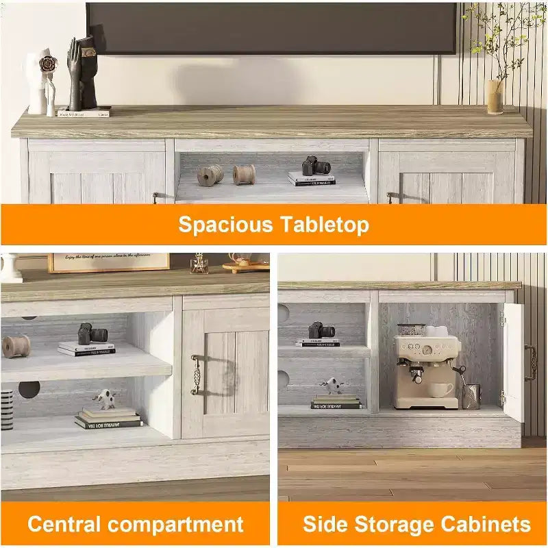 Consolle multimediale con finitura effetto legno e dettagli in metallo