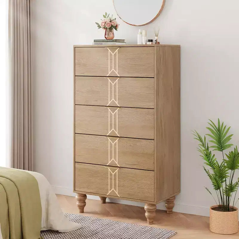 5 Drawers Dresser, Modern Wooden Tall Dresser with Deep Drawers, Chest of Drawers for Bedroom, Living Room, Hallway, Entryway