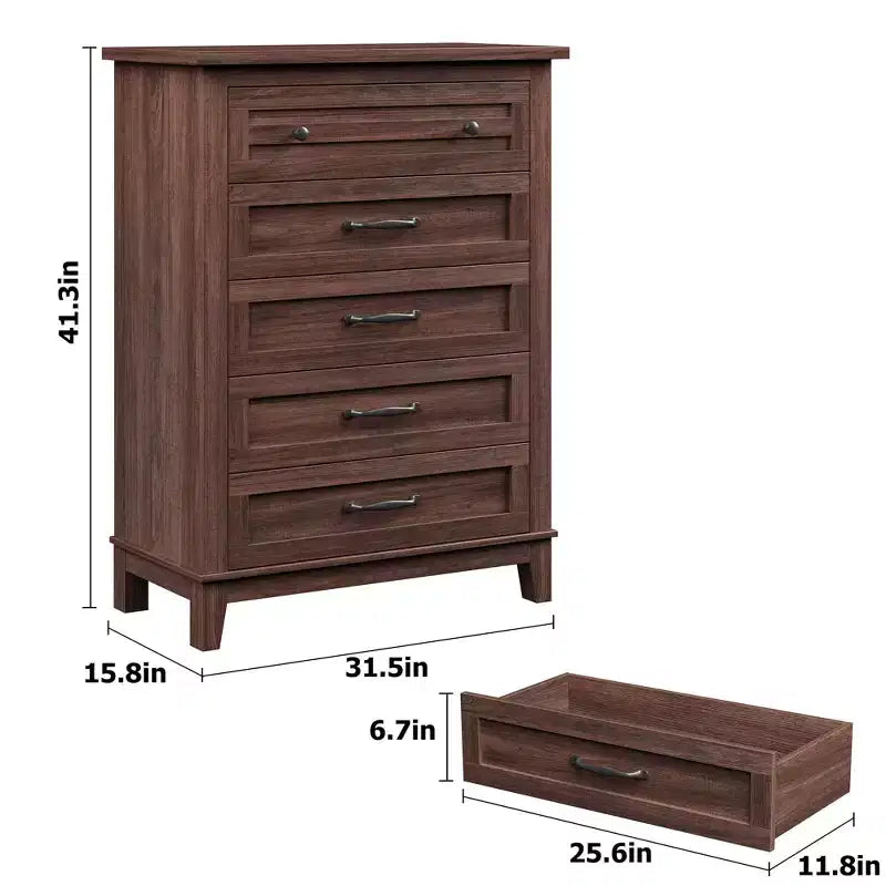 Comò in Legno a 5 Cassetti con Grande Contenitore