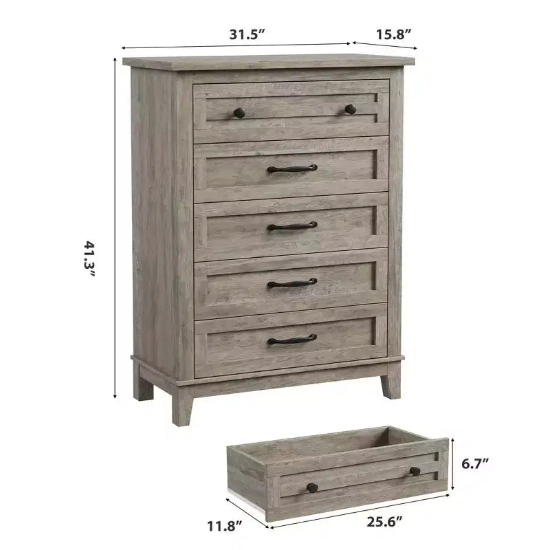 Comò in Legno a 5 Cassetti con Grande Contenitore