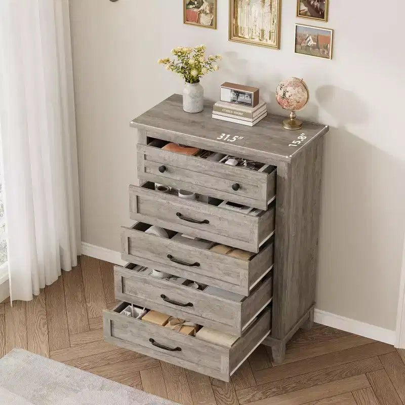Comò in Legno a 5 Cassetti con Grande Contenitore