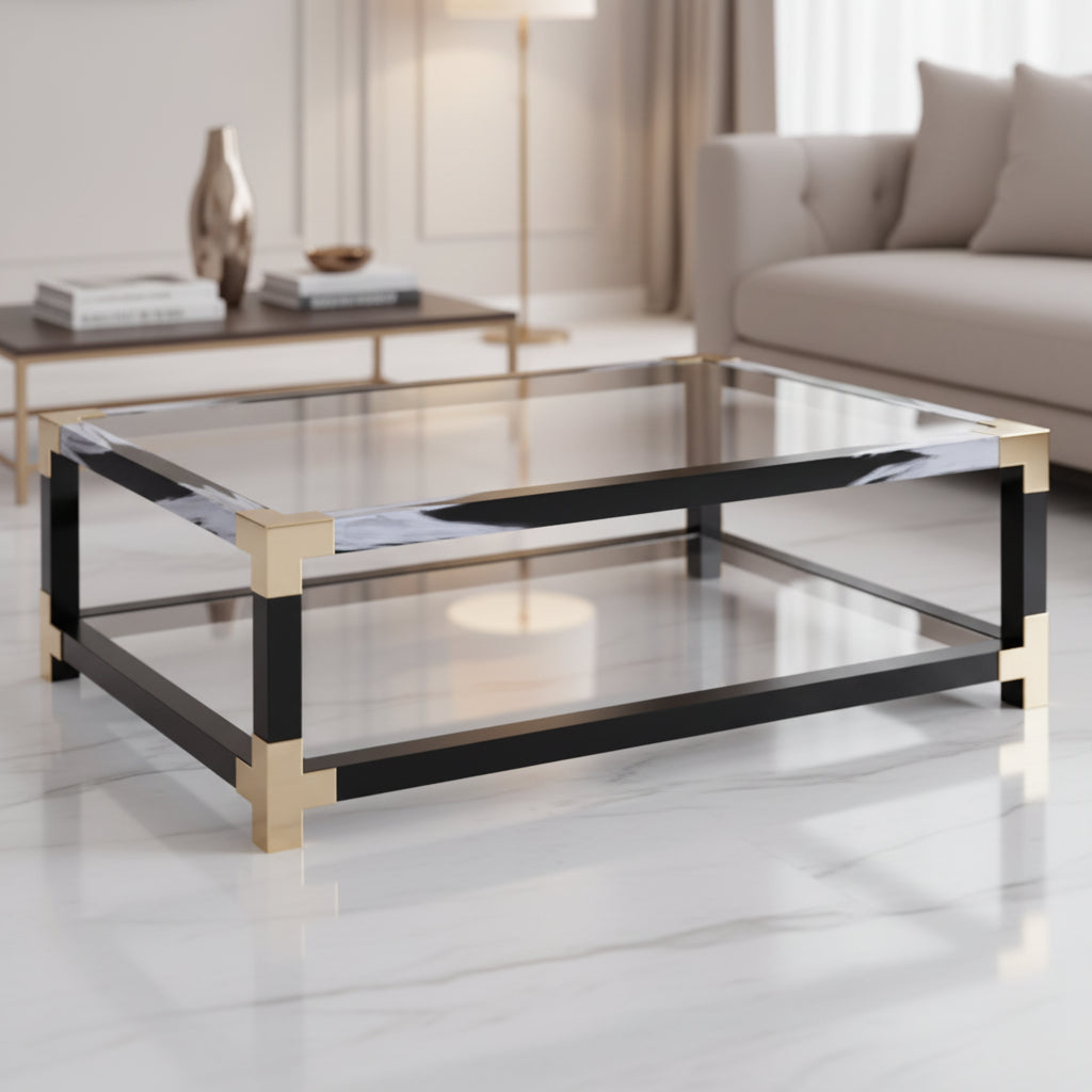 Royal Hampton Metal Coffee Table with Glass Top and Shelf, Black