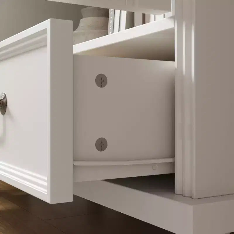 Vetrina ad arco con anta in vetro, ripiani aperti e cassetto