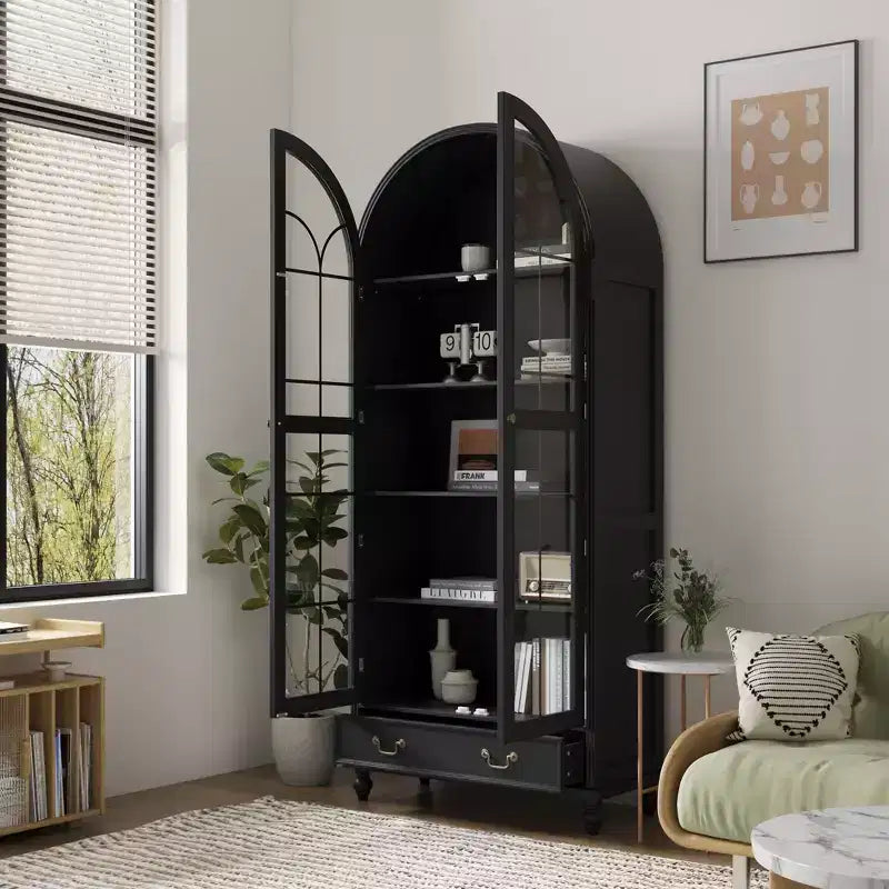 Vetrina ad arco con anta in vetro, ripiani aperti e cassetto