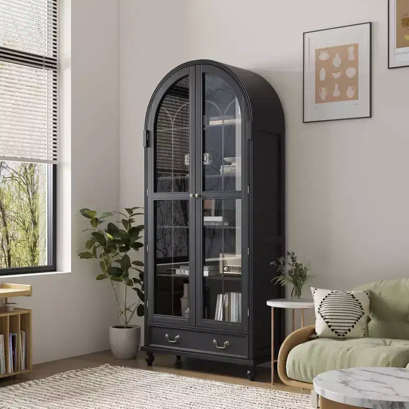 Vetrina ad arco con anta in vetro, ripiani aperti e cassetto