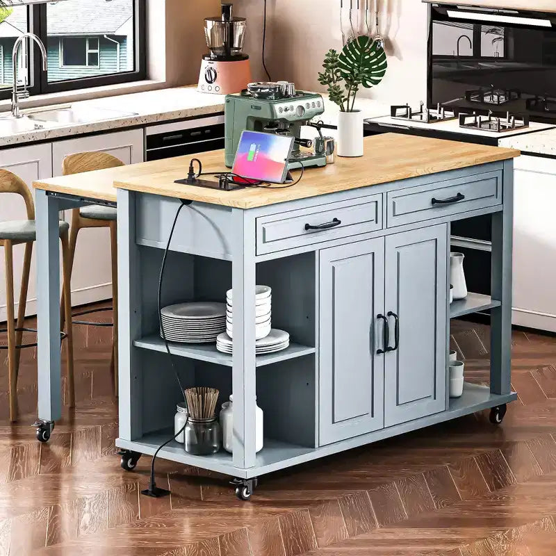 PexFix 47 Kitchen Island with Extendable Dining Table Rubber Wood Veneer Kitchen Table with Storage Rack & Power Outlet & 2 Drawers 2 Cabinet Blue