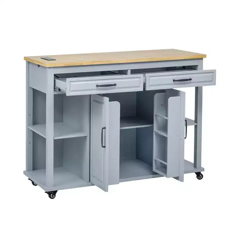 Isola da Cucina da 119 cm con Tavolo Estensibile, Contenitore e Presa di Corrente Integrata
