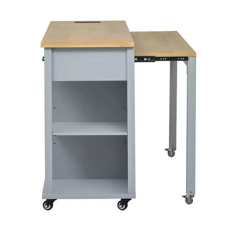 Isola da Cucina da 119 cm con Tavolo Estensibile, Contenitore e Presa di Corrente Integrata