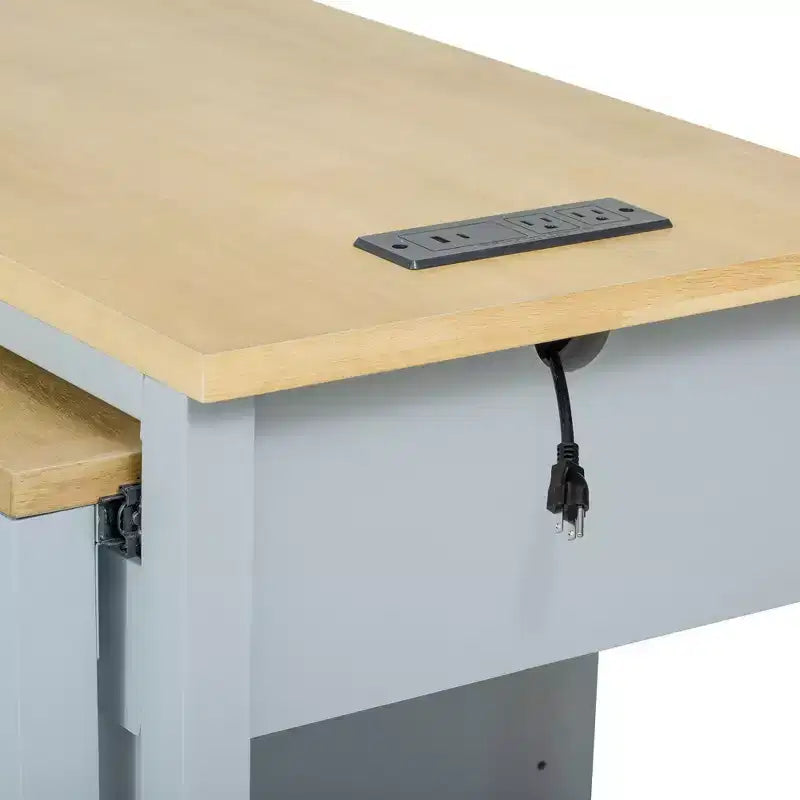 Isola da Cucina da 119 cm con Tavolo Estensibile, Contenitore e Presa di Corrente Integrata