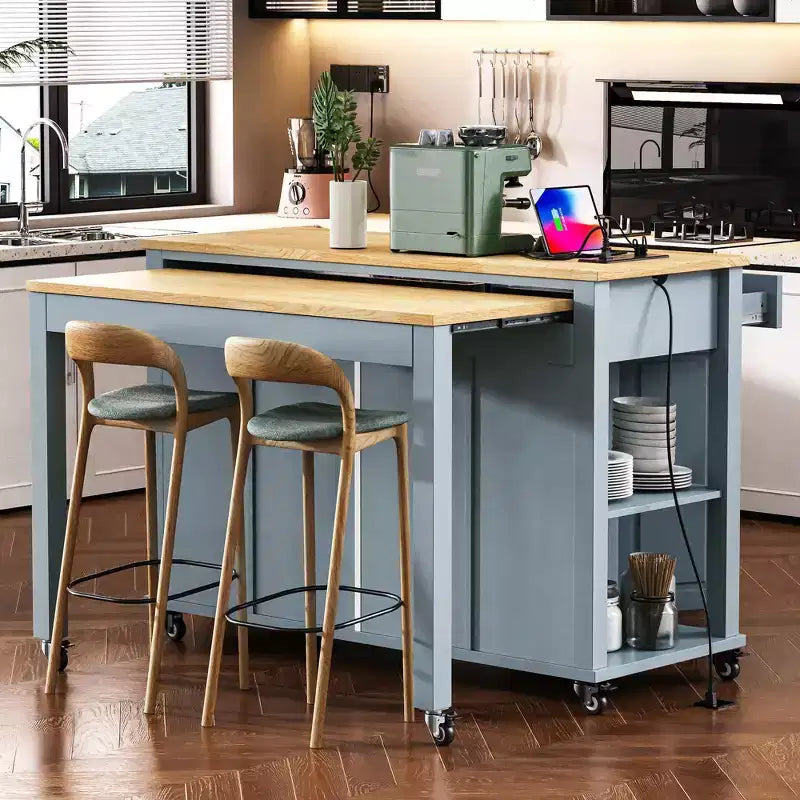 Isola da Cucina da 119 cm con Tavolo Estensibile, Contenitore e Presa di Corrente Integrata