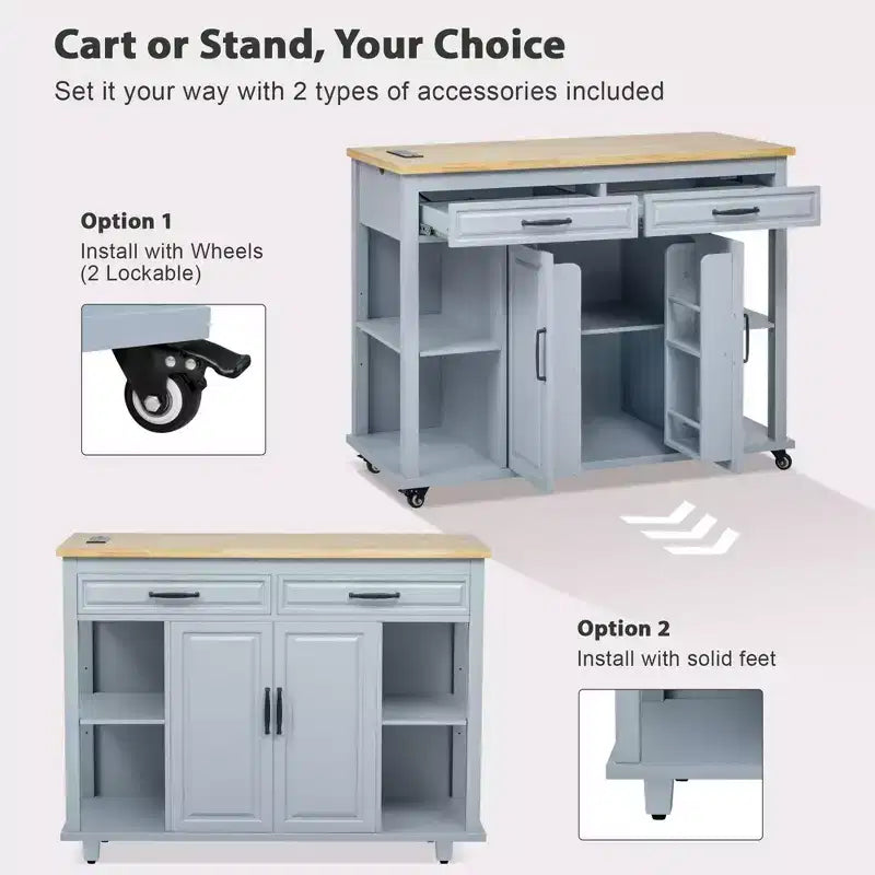 Isola da Cucina da 119 cm con Tavolo Estensibile, Contenitore e Presa di Corrente Integrata