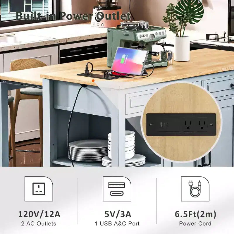 Isola da Cucina da 119 cm con Tavolo Estensibile, Contenitore e Presa di Corrente Integrata