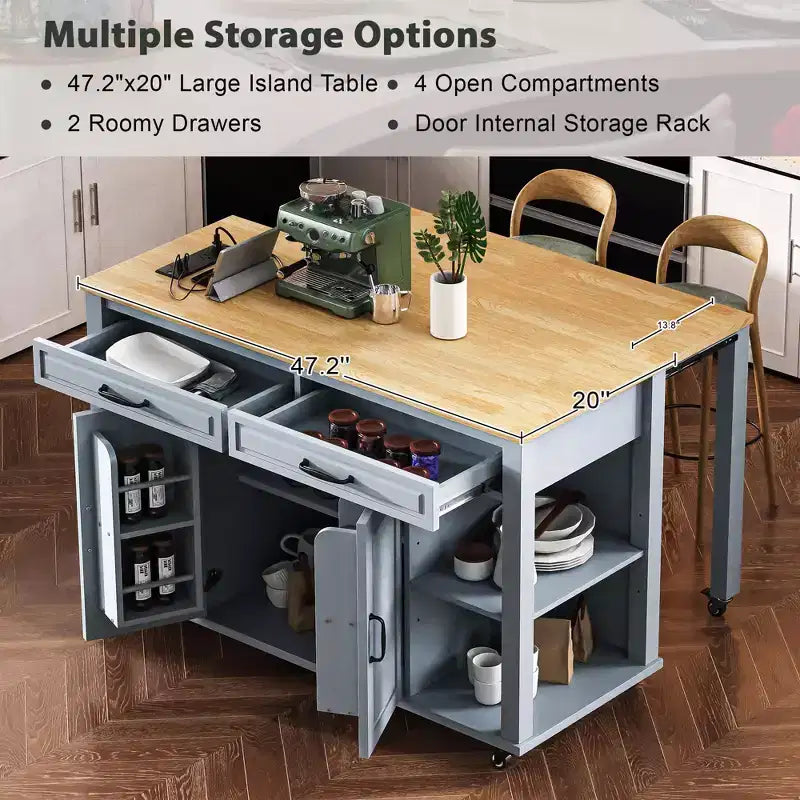 Isola da Cucina da 119 cm con Tavolo Estensibile, Contenitore e Presa di Corrente Integrata