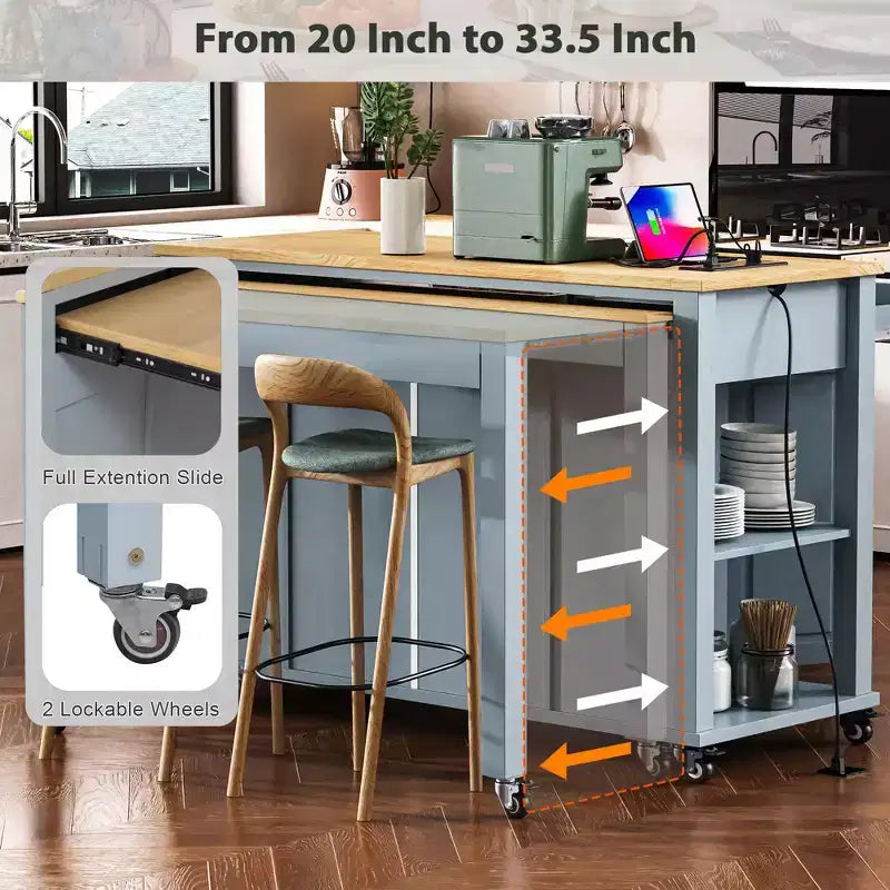 Isola da Cucina da 119 cm con Tavolo Estensibile, Contenitore e Presa di Corrente Integrata