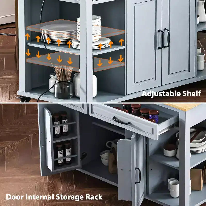 Isola da Cucina da 119 cm con Tavolo Estensibile, Contenitore e Presa di Corrente Integrata
