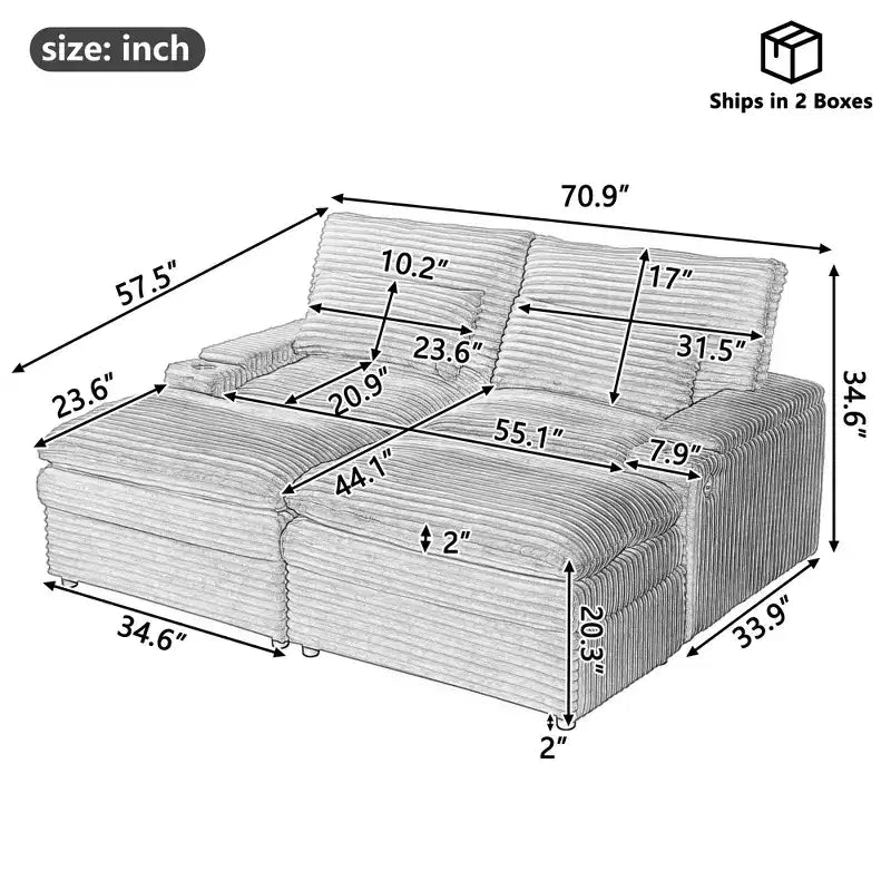 Divanetto componibile da 180 cm con contenitore, pouf e porte di ricarica