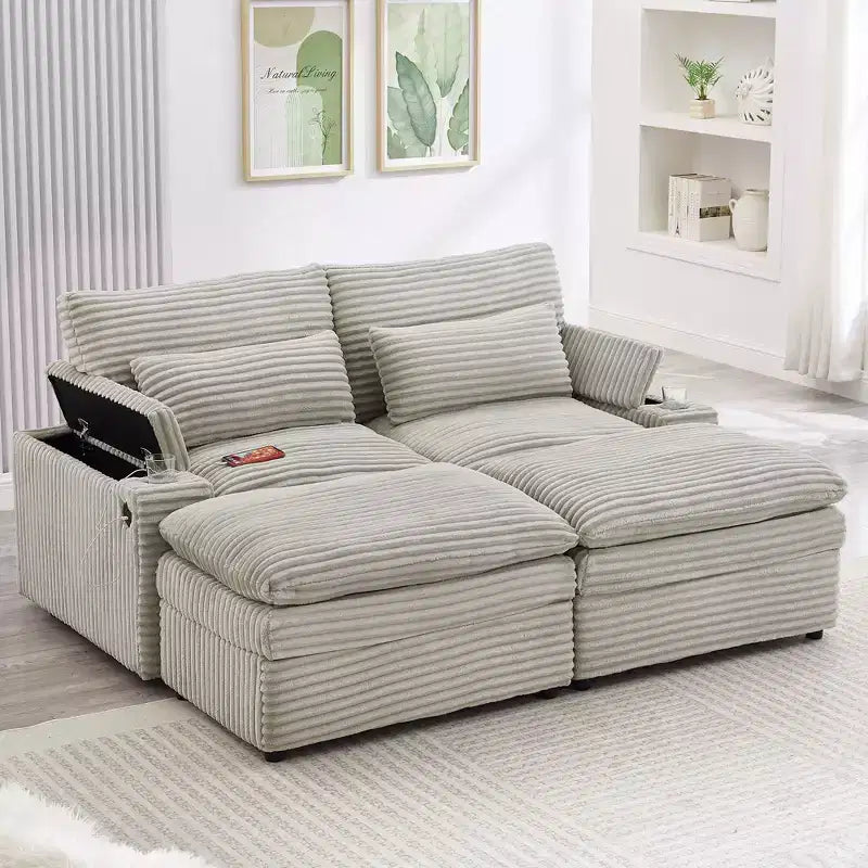 Divanetto componibile da 180 cm con contenitore, pouf e porte di ricarica