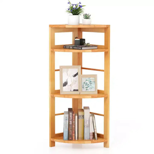 Costway 4-Tier Corner Shelf w/ Rubber Wood Frame Anti-Toppling Kit Home Office Natural