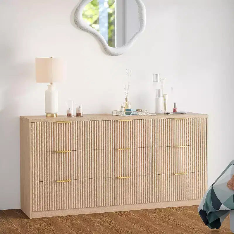 9-Drawer Fluted Dresser, Large Capacity Wood Storage Organizer with Anti-Tip Design,Retro Bedroom Dresser & Nightstand for Hallway & Entryway