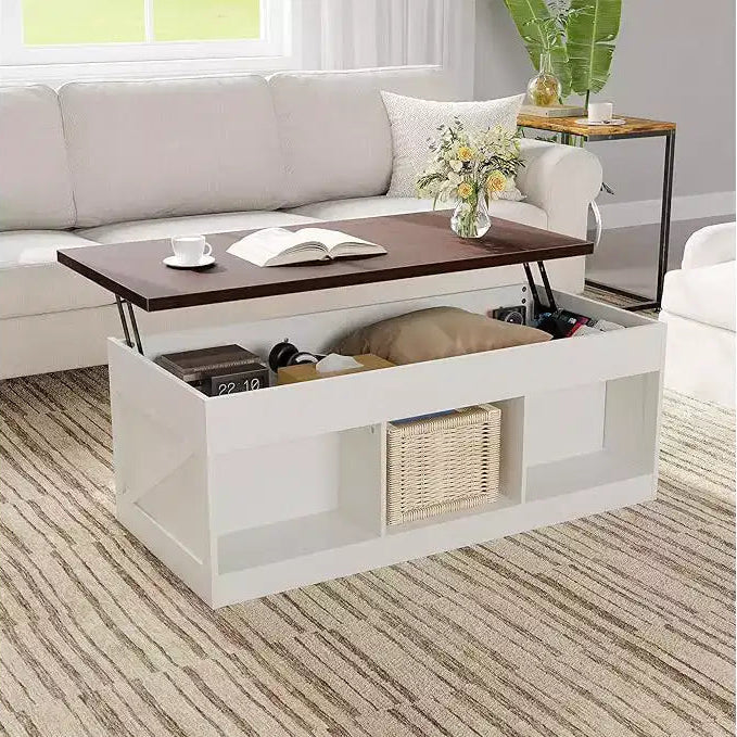 Farmhouse Lift Top Coffee Table with Hydraulic Height Adjustment  Multifunctional Adjustable End Table Featuring Hidden Storage Compartment