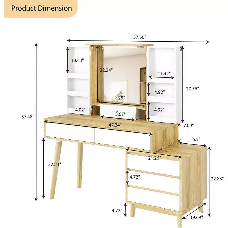 Toeletta con specchio, 6 cassetti, mobiletto e sgabello – Bianco e Rovere