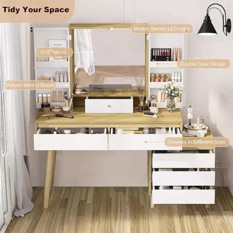 Toeletta con specchio, 6 cassetti, mobiletto e sgabello – Bianco e Rovere