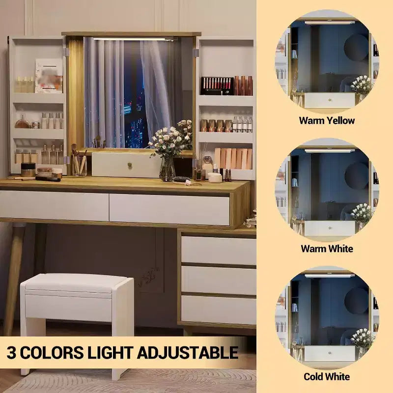 Toeletta con specchio, 6 cassetti, mobiletto e sgabello – Bianco e Rovere