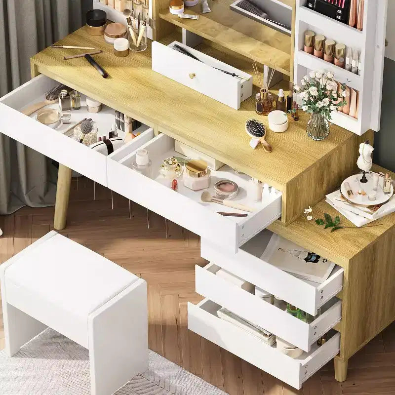 Toeletta con specchio, 6 cassetti, mobiletto e sgabello – Bianco e Rovere