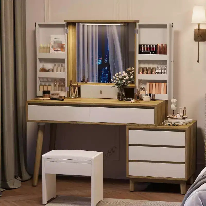 Toeletta con specchio, 6 cassetti, mobiletto e sgabello – Bianco e Rovere