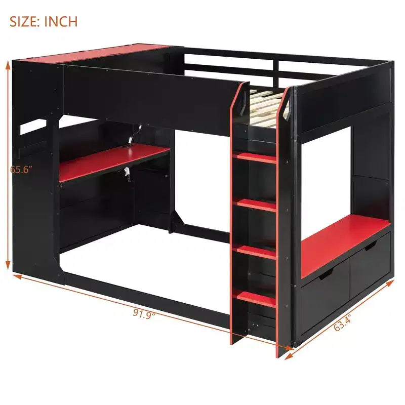 Letto a soppalco da gaming Full Size con scrivania, luci a LED e spazio contenitore