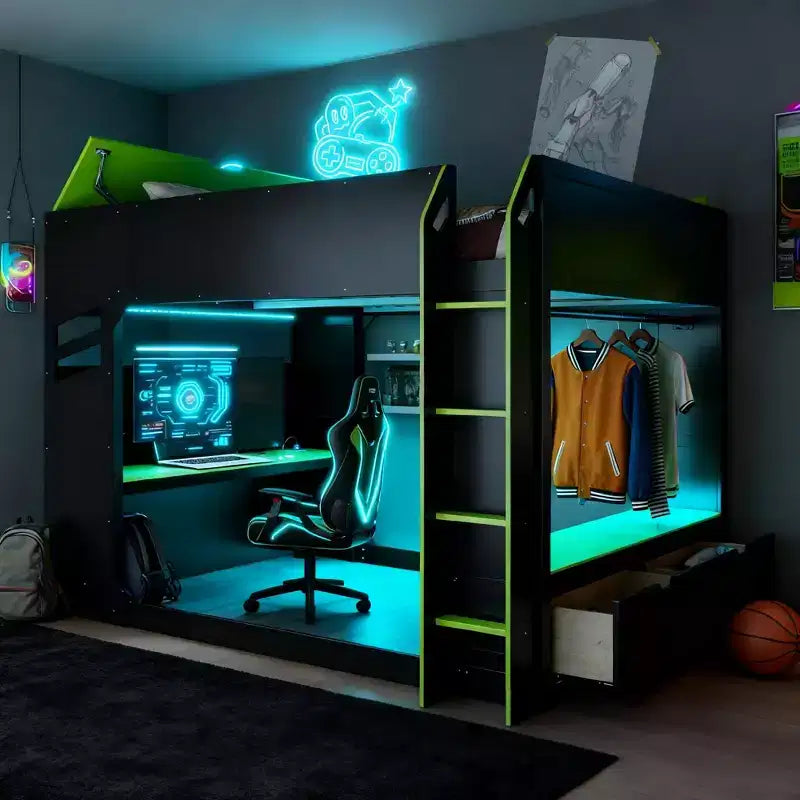 Letto a soppalco da gaming Full Size con scrivania, luci a LED e spazio contenitore