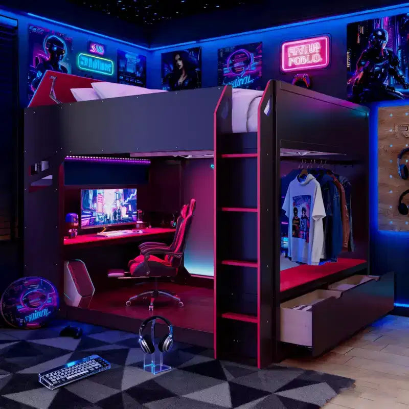 Letto a soppalco da gaming Full Size con scrivania, luci a LED e spazio contenitore