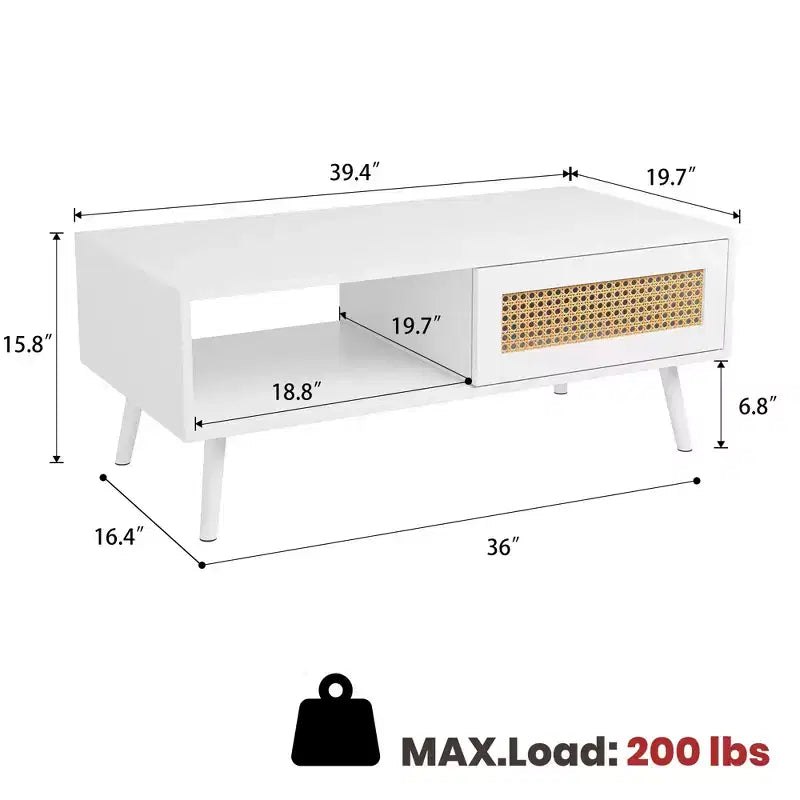 Tavolino rettangolare con anta in rattan e gambe in legno