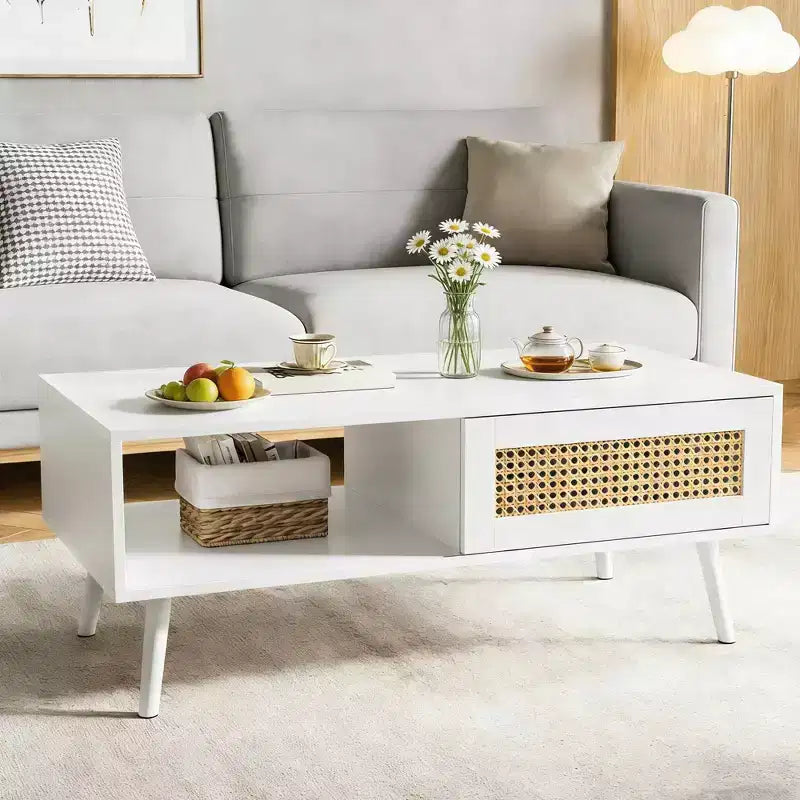 Tavolino rettangolare con anta in rattan e gambe in legno