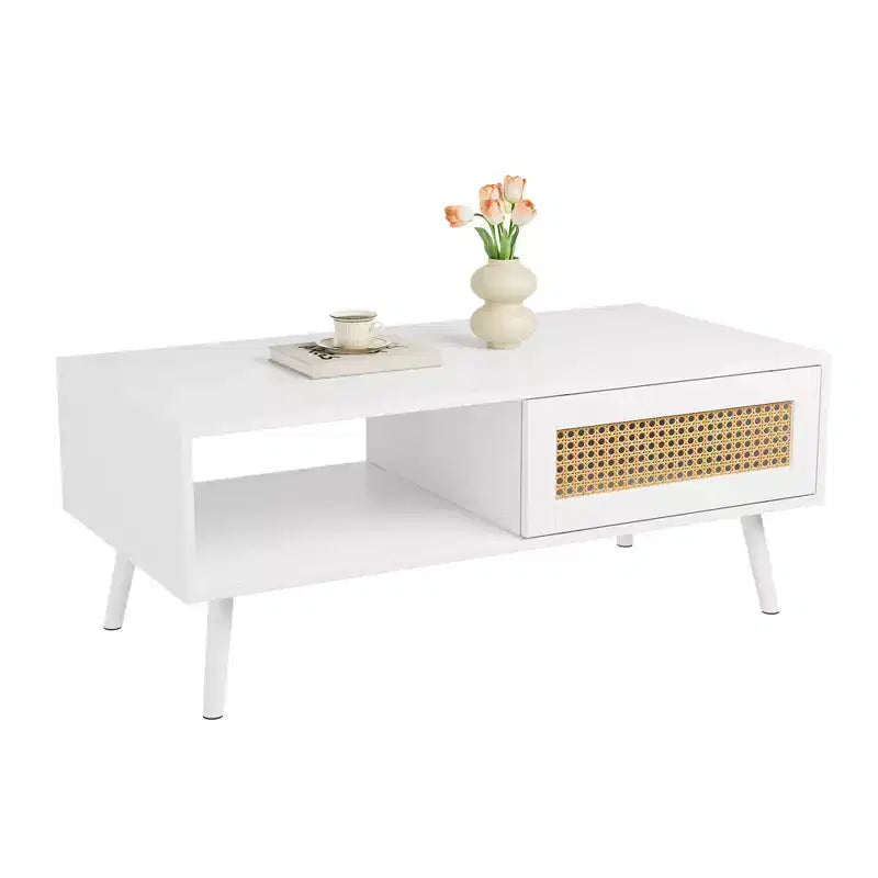 Tavolino rettangolare con anta in rattan e gambe in legno