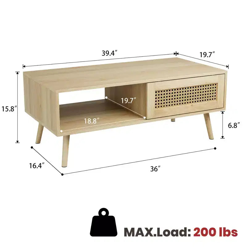 Tavolino rettangolare con anta in rattan e gambe in legno