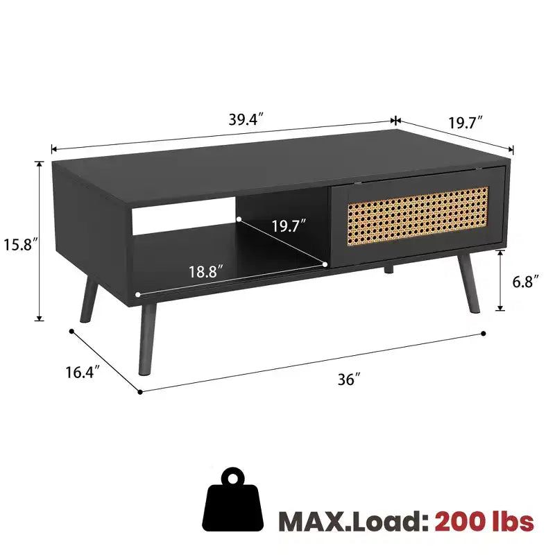 Tavolino rettangolare con anta in rattan e gambe in legno