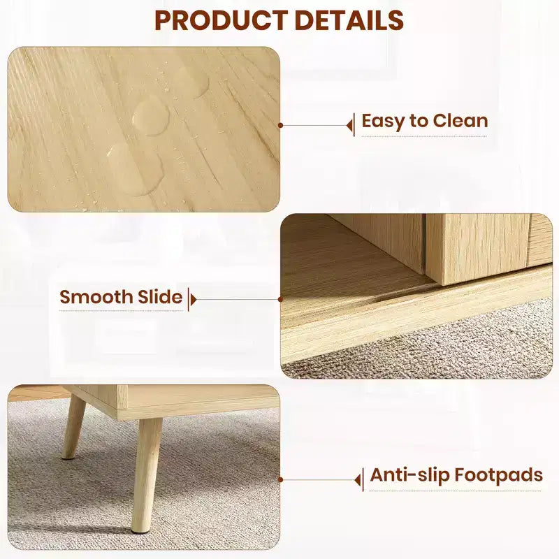 Tavolino rettangolare con anta in rattan e gambe in legno