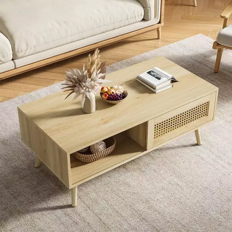 Tavolino rettangolare con anta in rattan e gambe in legno