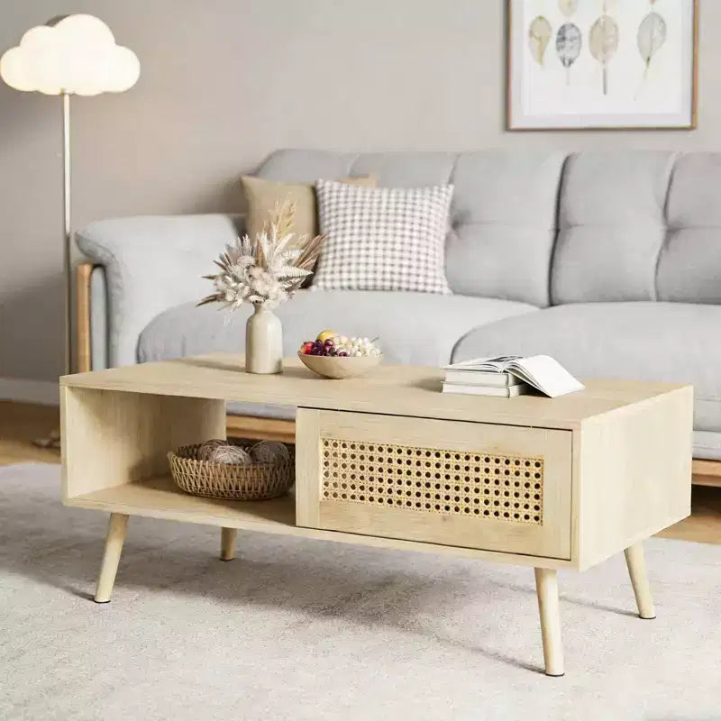 Tavolino rettangolare con anta in rattan e gambe in legno