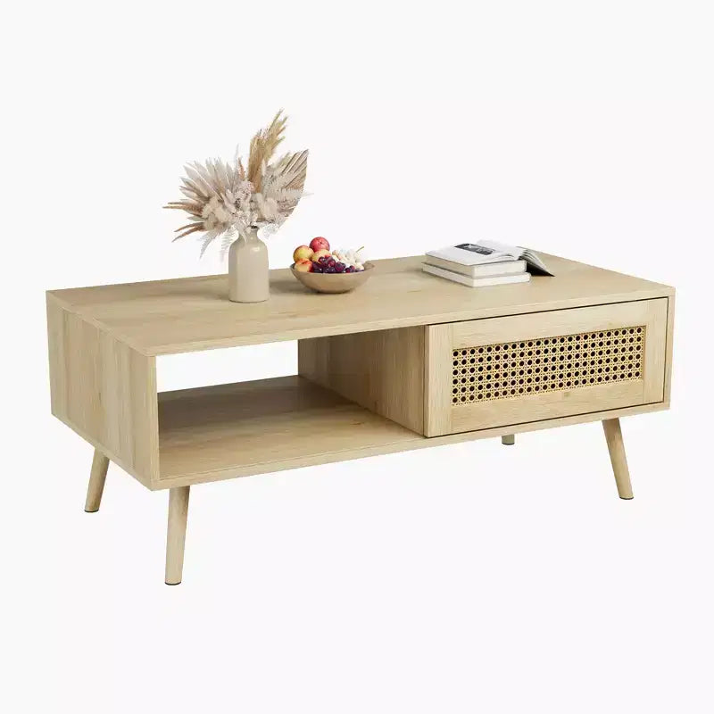 Tavolino rettangolare con anta in rattan e gambe in legno