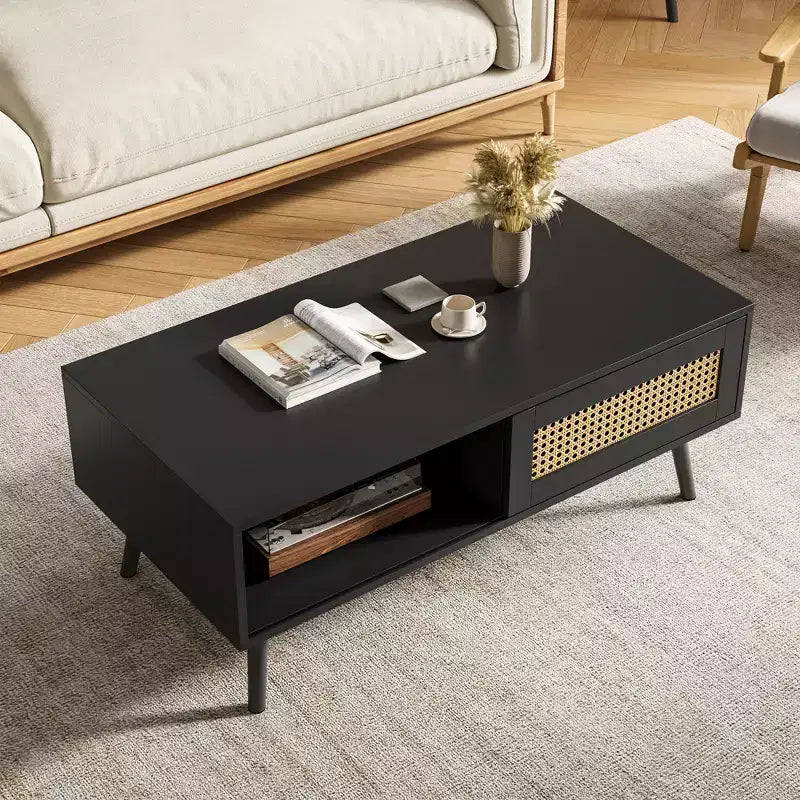 Tavolino rettangolare con anta in rattan e gambe in legno