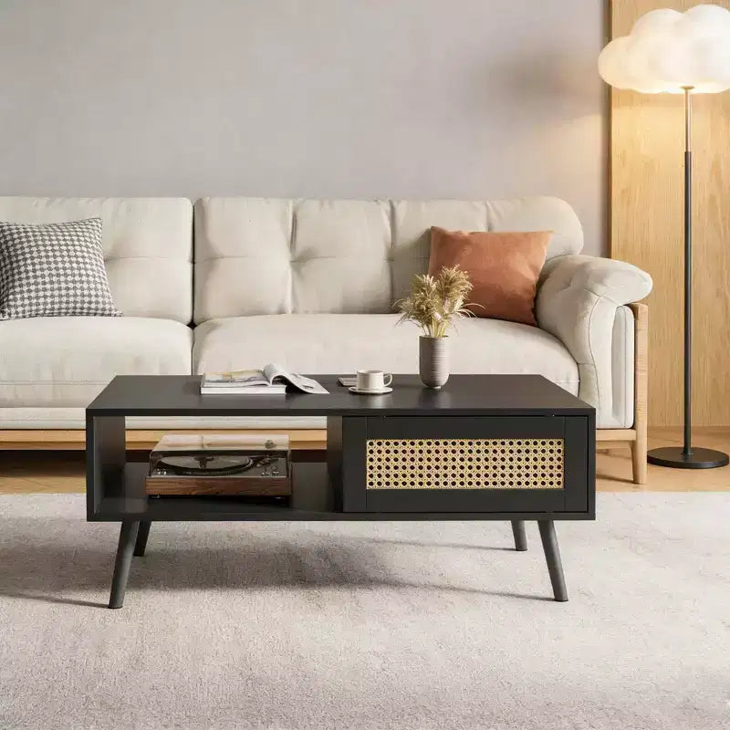 Tavolino rettangolare con anta in rattan e gambe in legno