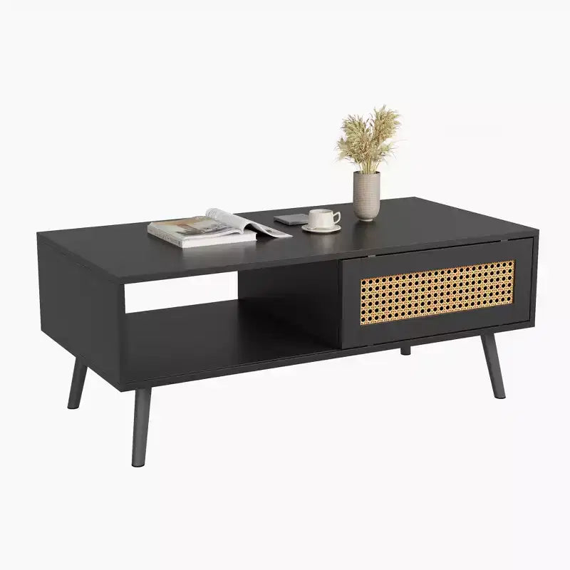 Tavolino rettangolare con anta in rattan e gambe in legno