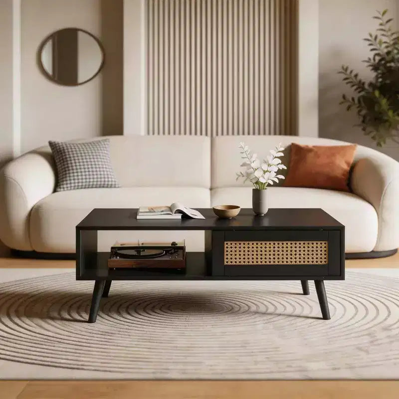 Mid Century Modern Coffee Table with Storage, 41.3 Inch Rectangle Wooden Accent Center Tables with Sliding PE Rattan Woven Door Panel and Wood Legs