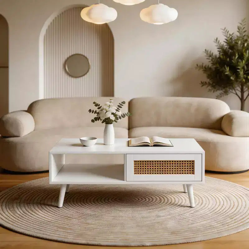 Tavolino rettangolare con anta in rattan e gambe in legno