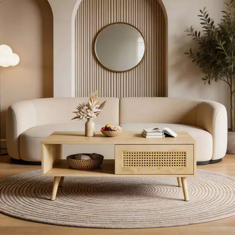 Tavolino rettangolare con anta in rattan e gambe in legno